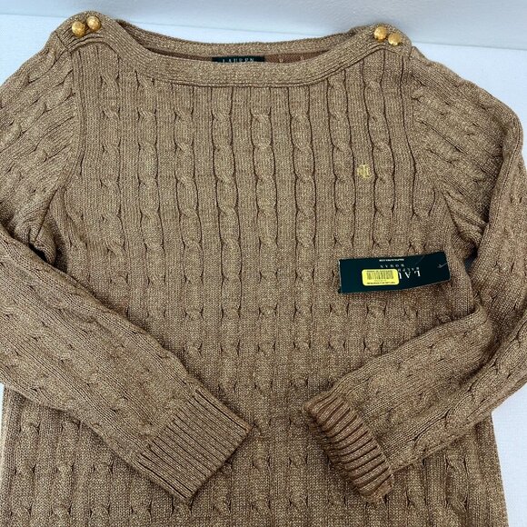 NWT Lauren Ralph Lauren Gold Metallic Cable Knit Sweater Holiday Gold Buttons 1X - Picture 3 of 11